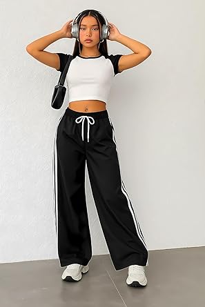 Women's Hight Waist Wide-Leg Jogger Pant Black & White Stripe