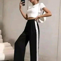 Women's Hight Waist Wide-Leg Jogger Pant Black & White Stripe
